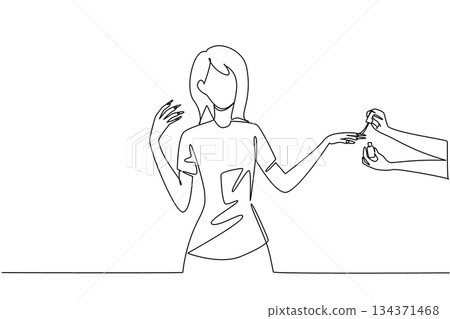 Continuous one line drawing a woman has her nails painted by a pair of hands. Beauty therapy. Comprehensive care for charming. National Nail Polish Day. Single line draw design vector illustration Continuous one line drawing a woman has her nails painted by a pair of hands. Beauty therapy. Comprehensive care for charming. National Nail Polish Day. Single line draw design vector illustration 134371468