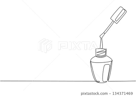 Single continuous line drawing nail polish bottle with brush raised. Modern beauty of women care equipment. The need to look beautiful. National Nail Polish Day. One line design vector illustration Single continuous line drawing nail polish bottle with brush raised. Modern beauty of women care equipment. The need to look beautiful. National Nail Polish Day. One line design vector illustration 134371469