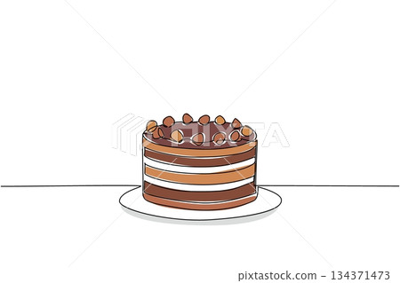 Single one line drawing hazelnut cake with several layers of variants and hazelnut topping. A sweet treat to celebrate. Bakery. National Hazelnut Cake Day. Continuous line design graphic illustration Single one line drawing hazelnut cake with several layers of variants and hazelnut topping. A sweet treat to celebrate. Bakery. National Hazelnut Cake Day. Continuous line design graphic illustration 134371473