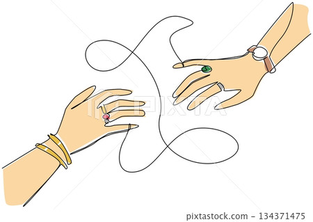 Single one line drawing 2 hands facing each other, with their little fingers connected by a rope. The bonds of friendship are getting closer. Pen Pal Day. Continuous line design graphic illustration 134371475