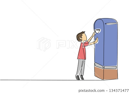 Single continuous line drawing a boy on tiptoe puts a letter into the post box. Sending letters with old technology. Maintaining friendship. Postal. Pen Pal Day. One line design vector illustration 134371477