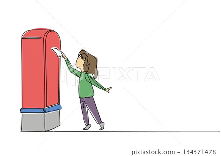 Continuous one line drawing a girl on tiptoe puts a letter into post box. Learn to send letters in the modern era. Communicate the classic way. Pen Pal Day. Single line draw design vector illustration Continuous one line drawing a girl on tiptoe puts a letter into post box. Learn to send letters in the modern era. Communicate the classic way. Pen Pal Day. Single line draw design vector illustration 134371478