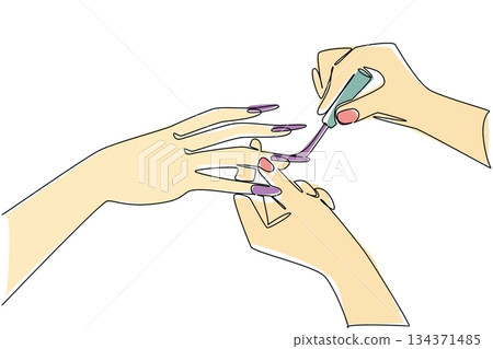 Continuous one line drawing nails painted by pair of hands. Inviting nail care personnel. Preparing to look glamorous at the party National Nail Polish Day. Single line draw design vector illustration Continuous one line drawing nails painted by pair of hands. Inviting nail care personnel. Preparing to look glamorous at the party National Nail Polish Day. Single line draw design vector illustration 134371485