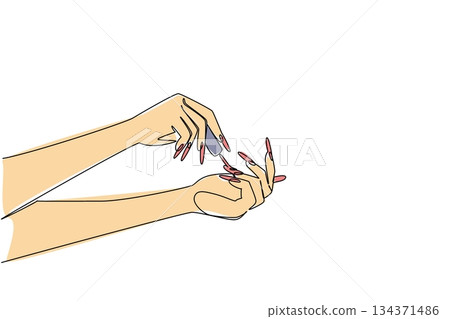 Continuous one line drawing hands painting nails. Beautify yourself by following beauty trends. Look glamorous and elegant. Care. National Nail Polish Day. Single line draw design vector illustration Continuous one line drawing hands painting nails. Beautify yourself by following beauty trends. Look glamorous and elegant. Care. National Nail Polish Day. Single line draw design vector illustration 134371486