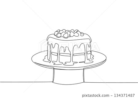 Single continuous line drawing hazelnut cake with melted chocolate and hazelnut topping on a cake plate. Celebrating a celebration. National Hazelnut Cake Day. One line design vector illustration 134371487