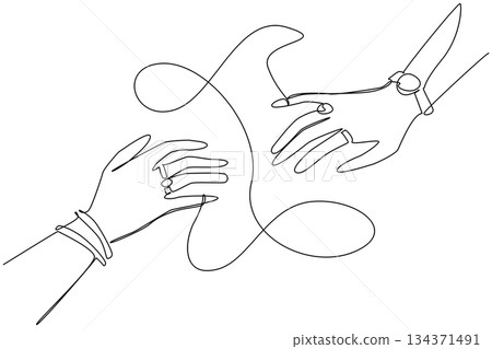 Single one line drawing 2 hands facing each other, with their little fingers connected by a rope. The bonds of friendship are getting closer. Pen Pal Day. Continuous line design graphic illustration Single one line drawing 2 hands facing each other, with their little fingers connected by a rope. The bonds of friendship are getting closer. Pen Pal Day. Continuous line design graphic illustration 134371491