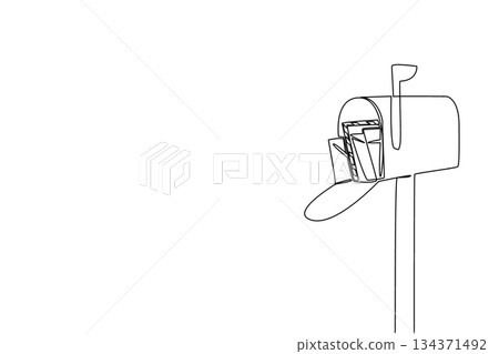 Single one line drawing the mailbox open and there are many letters inside. Received many letters from distant friends. Place to receive mail. Pen Pal Day. Continuous line design graphic illustration Single one line drawing the mailbox open and there are many letters inside. Received many letters from distant friends. Place to receive mail. Pen Pal Day. Continuous line design graphic illustration 134371492