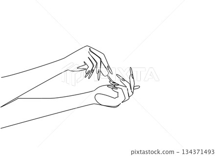 Continuous one line drawing hands painting nails. Beautify yourself by following beauty trends. Look glamorous and elegant. Care. National Nail Polish Day. Single line draw design vector illustration 134371493