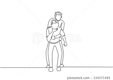 Single one line drawing front view, a man performs the Heimlich maneuver on another man holding his neck. Appropriate action National Heimlich Maneuver Day. Continuous line design graphic illustration Single one line drawing front view, a man performs the Heimlich maneuver on another man holding his neck. Appropriate action National Heimlich Maneuver Day. Continuous line design graphic illustration 134371495