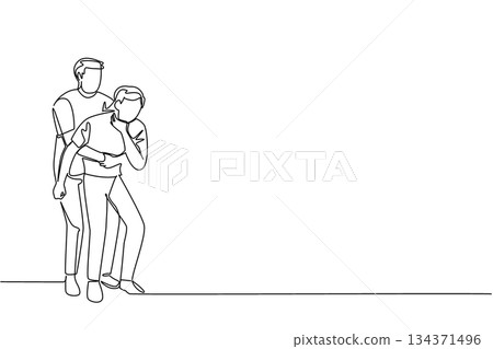 Continuous one line drawing a man performs the Heimlich maneuver on another man holds neck. Appropriate first aid measures. National Heimlich Maneuver Day. Single line draw design vector illustration 134371496