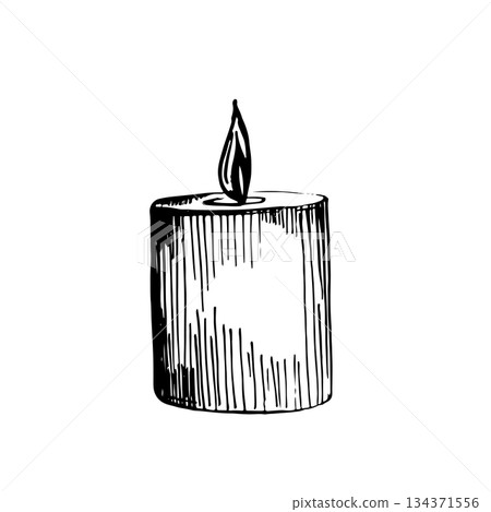 Vector black and white candle illustration. The graphic clipart is hand-drawn in ink. Suitable for holiday design, Christmas cards and invitations, packaging, Halloween, textiles, spa 134371556