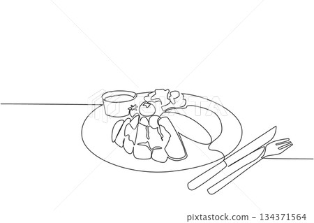 Single continuous line drawing sliced brisket with barbecue sauce, broccoli and some tomatoes, knife and fork. A very delicious dinner. National Brisket Day. One line design vector illustration Single continuous line drawing sliced brisket with barbecue sauce, broccoli and some tomatoes, knife and fork. A very delicious dinner. National Brisket Day. One line design vector illustration 134371564