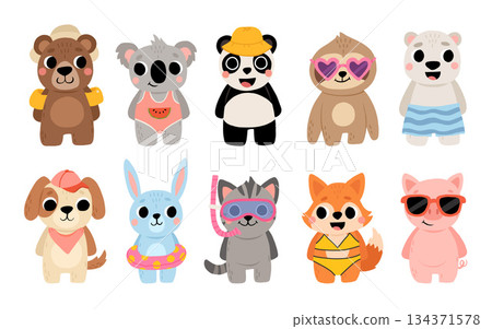 Cute summer tropical animals travel. Including brown bear, polar bear, panda, koala, sloth, cat, dog, pig, fox, and rabbit. Cartoon kids illustration. Cute summer tropical animals travel. Including brown bear, polar bear, panda, koala, sloth, cat, dog, pig, fox, and rabbit. Cartoon kids illustration. 134371578