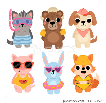 Cute summer tropical animals travel. Including brown bear, cat, dog, pig, fox, and rabbit. Cartoon kids illustration. 134371579