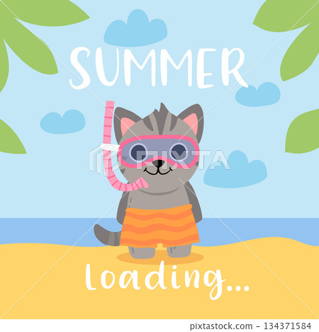 Cute cartoon baby cat in underwater mask and swim shorts on the beach smiling. Summer vector illustration for childrens book, poster, t shirt Cute cartoon baby cat in underwater mask and swim shorts on the beach smiling. Summer vector illustration for childrens book, poster, t shirt 134371584
