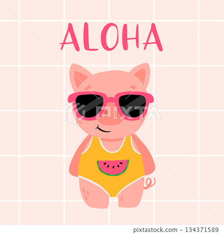 Cute cartoon baby pig in sun glasse and swimsuit smiling. Summer vector illustration for childrens book, poster, t shirt Cute cartoon baby pig in sun glasse and swimsuit smiling. Summer vector illustration for childrens book, poster, t shirt 134371589