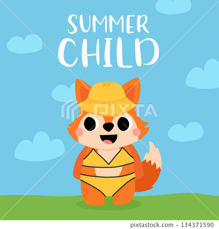 Cute cartoon baby fox in hat and swimsuit smiling. Summer vector illustration for childrens book, poster, t shirt Cute cartoon baby fox in hat and swimsuit smiling. Summer vector illustration for childrens book, poster, t shirt 134371590