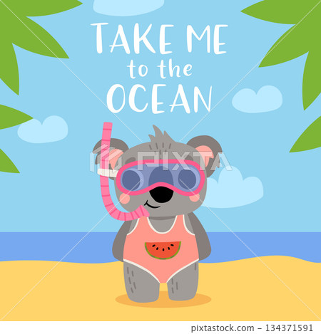 Cute cartoon baby koala in swimsuit and underwater mask smiling on the beach. Summer vector illustration for childrens book, poster, t shirt 134371591