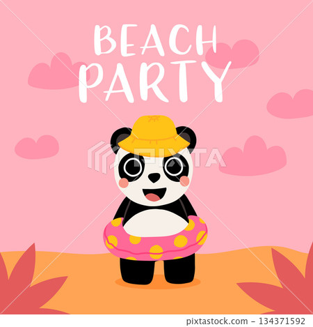 Cute cartoon baby panda in hat and swim ring smiling on the beach. Summer vector illustration for childrens book, poster, t shirt 134371592