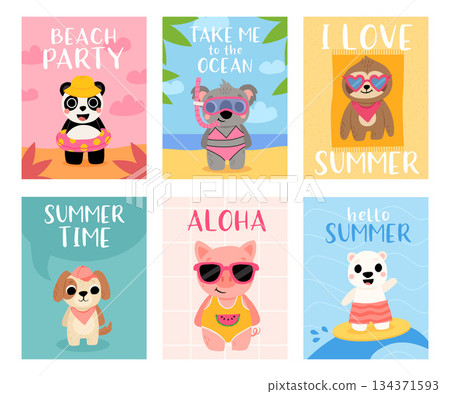 Hello summer cards with cartoon animals on beach vacation. Cute bear. Smiling, sunbathing and surfing, fun poster vector set. Funny characters on vacation having rest Hello summer cards with cartoon animals on beach vacation. Cute bear. Smiling, sunbathing and surfing, fun poster vector set. Funny characters on vacation having rest 134371593