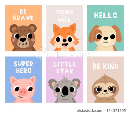 Animal kid card. Cute child greeting and invitation cards for birthday, baby party posters, motivational lettering. Childish print nursery decor. Bright background. Vector doodle characters Animal kid card. Cute child greeting and invitation cards for birthday, baby party posters, motivational lettering. Childish print nursery decor. Bright background. Vector doodle characters 134371595