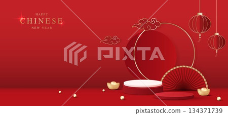 Podium stage chinese style for chinese new year and festivals or mid autumn festival with red background. mock up stage with festive lanterns and clouds. vector design. 134371739