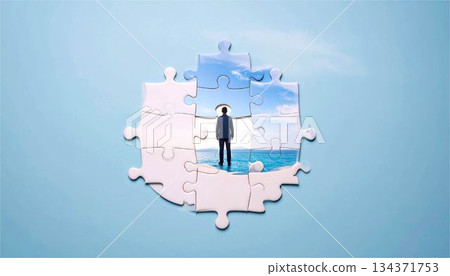 Businessman standing in a frame made of puzzle pieces, problem solving, mind map, business opportunity concept 134371753