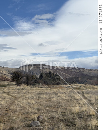 autumn landscape in the mountains blue sky dry grass. High quality photo autumn landscape in the mountains blue sky dry grass. High quality photo 134371881