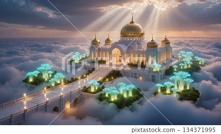 radiant celestial residence, sundrenched palace floating above clouds with lush gardens and spires 134371995
