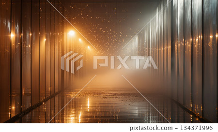 shimmering corridor under warm glow, silent corridor with reflections and soft illumination 134371996