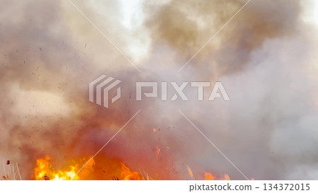 Nature burns under wildfire crisis, disastrous fire outbreak, dangerously spreading flames, thick smoke rising skyward, environmental threat growing, unrestrained wildfire chaos, wildlands suffering 134372015