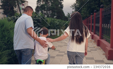child parent park, happy smile face, happy smiles, family bonding love, boy laughs smiling sitting bike outdoors, child riding father mother nature, man woman love son, father boy have fun walking 134372016