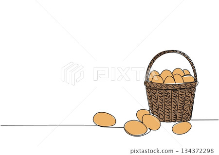 A single line drawing of a rustic woven basket tipped with fresh eggs spilling out, food object concept, farm-to-table minimalism and culinary vector art for National Egg Day celebration A single line drawing of a rustic woven basket tipped with fresh eggs spilling out, food object concept, farm-to-table minimalism and culinary vector art for National Egg Day celebration 134372298