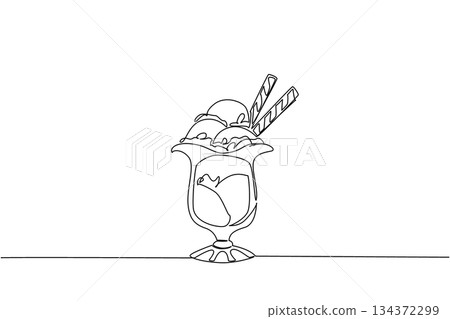 One line drawing of rocky road ice cream sundae in a tall glass with wafer sticks, created for National Rocky Road Day in a simple minimalist food concept illustration. 134372299