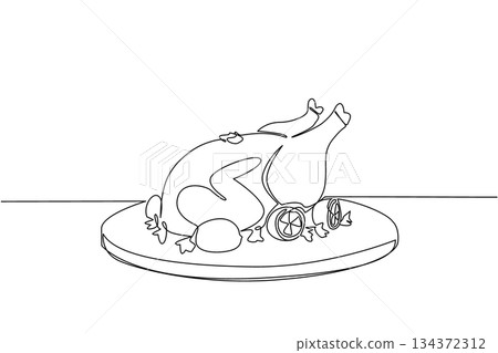 A single line drawing food concept for National Rotisserie Chicken Day, featuring a roasted chicken on a serving platter with garnishes, celebrating flavorful meals and culinary traditions. A single line drawing food concept for National Rotisserie Chicken Day, featuring a roasted chicken on a serving platter with garnishes, celebrating flavorful meals and culinary traditions. 134372312
