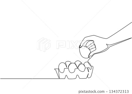 Continuous line drawing of a hand placing an egg into a carton tray, symbolizing National Egg Day in a health concept with food theme, emphasizing freshness, nutrition, and simplicity. Continuous line drawing of a hand placing an egg into a carton tray, symbolizing National Egg Day in a health concept with food theme, emphasizing freshness, nutrition, and simplicity. 134372313