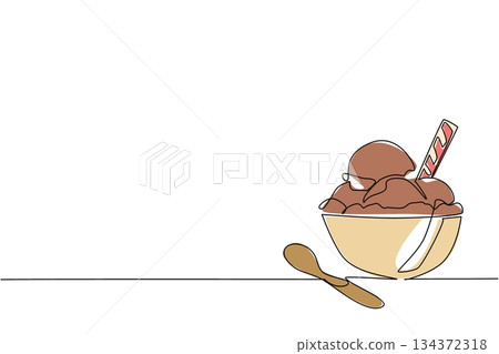 A one line drawing of a decorative sundae cup holding rocky road ice cream with wafer sticks and chocolate drizzle, made for a dessert food concept celebrating National Rocky Road Day. A one line drawing of a decorative sundae cup holding rocky road ice cream with wafer sticks and chocolate drizzle, made for a dessert food concept celebrating National Rocky Road Day. 134372318