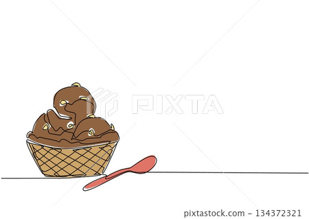 A continuous line drawing of a large waffle bowl of rocky road ice cream scoops with toppings, designed as a dessert food concept for the sweet celebration of National Rocky Road Day. 134372321