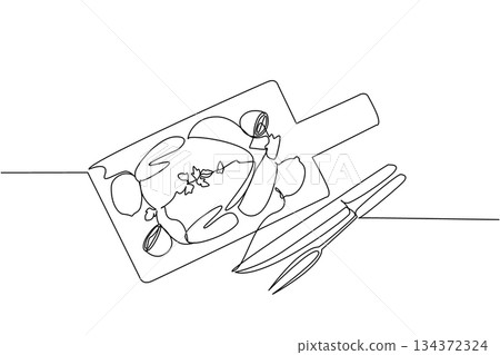 A continuous line drawing food concept for National Rotisserie Chicken Day, depicting a roasted chicken on a serving plate with lemon slices, representing festive meals and culinary enjoyment. A continuous line drawing food concept for National Rotisserie Chicken Day, depicting a roasted chicken on a serving plate with lemon slices, representing festive meals and culinary enjoyment. 134372324