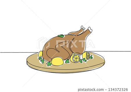 A round tray with a golden roast chicken, surrounded by lemon halves and green garnish, illustrated in clean single line drawing style for a food concept celebrating National Rotisserie Chicken Day. A round tray with a golden roast chicken, surrounded by lemon halves and green garnish, illustrated in clean single line drawing style for a food concept celebrating National Rotisserie Chicken Day. 134372326