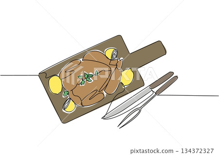 A whole roast chicken placed on a wooden cutting board with lemon slices and carving tools, drawn in continuous line drawing style for a food concept honoring National Rotisserie Chicken Day A whole roast chicken placed on a wooden cutting board with lemon slices and carving tools, drawn in continuous line drawing style for a food concept honoring National Rotisserie Chicken Day 134372327