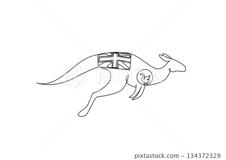 A single line drawing of a jumping kangaroo with the Western Australia state flag on the body, representing wildlife pride during the Western Australia Day international cultural celebration. 134372329