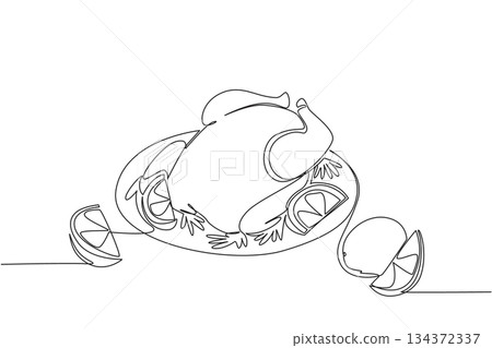 A continuous line drawing food concept for National Rotisserie Chicken Day, depicting a roasted chicken on a serving plate with lemon slices, representing festive meals and culinary enjoyment. A continuous line drawing food concept for National Rotisserie Chicken Day, depicting a roasted chicken on a serving plate with lemon slices, representing festive meals and culinary enjoyment. 134372337