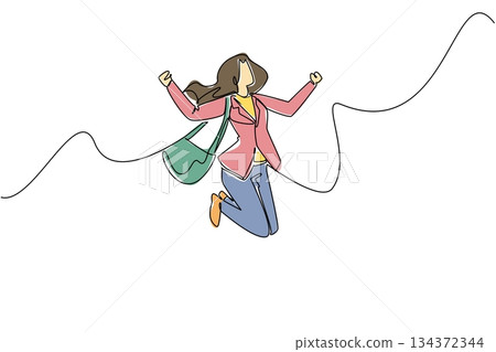 Continuous line drawing of a woman with long hair jumping in joy carrying a shoulder bag, symbolizing business concept for National Leave Work Early Day with happiness and freedom celebration theme. 134372344
