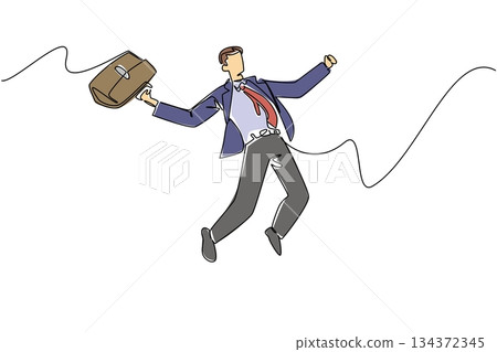 Continuous line drawing of a young man in business attire jumping with a briefcase, representing a National Leave Work Early Day, symbolizing happiness and career freedom celebration Continuous line drawing of a young man in business attire jumping with a briefcase, representing a National Leave Work Early Day, symbolizing happiness and career freedom celebration 134372345