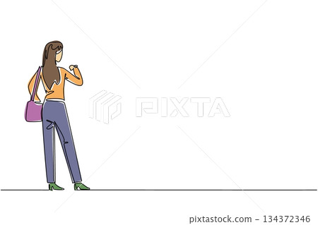 Continuous line drawing of a woman with long hair carry a handbag, walking confidently to symbolize a business concept for National Leave Work Early Day, representing empowerment and personal freedom 134372346
