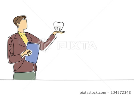 Single line drawing of a young male dentist in a suit holding a tooth model, symbolizing dental expertise in health concept for National I Love My Dentist Day celebration. Single line drawing of a young male dentist in a suit holding a tooth model, symbolizing dental expertise in health concept for National I Love My Dentist Day celebration. 134372348