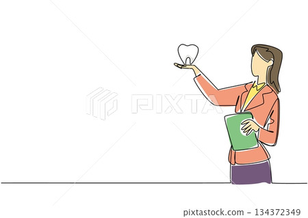 Continuous line drawing of a female dentist in a suit holding a tooth illustration, representing professional dental care in health concept for National I Love My Dentist Day. 134372349