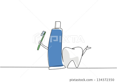 Single line drawing of toothpaste holding a toothbrush beside a smiling tooth with arms, promoting oral hygiene in health concept for National I Love My Dentist Day. Single line drawing of toothpaste holding a toothbrush beside a smiling tooth with arms, promoting oral hygiene in health concept for National I Love My Dentist Day. 134372350