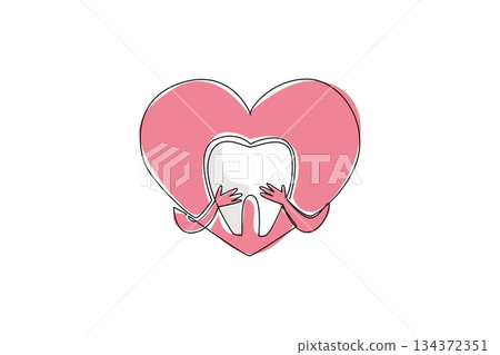 Continuous line drawing of a large pink heart embracing a white tooth, symbolizing dental care and love in health concept for National I Love My Dentist Day event. 134372351